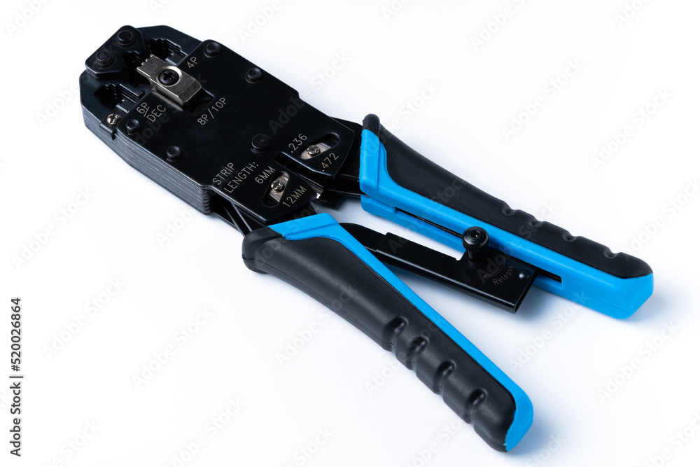 Poster crimp tool isolated on white background, use for twisted pair network cable with multiple rj-45 conn