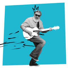 Stylish emotional senior man playing guitar over blue background. Collage in magazine style....