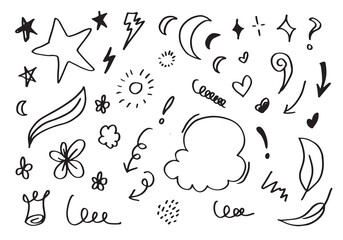 Hand drawn doodle design elements, black on white background. cloud, stars, emphasis, Arrow, crown. doodle sketch design elements.