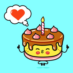 Cute funny Cake doing yoga with speech bubble. Vector hand drawn cartoon kawaii character illustration icon. Isolated on blue background. Cake in love character concept