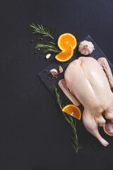 Raw and uncooked whole duck on slate board on black background