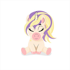 Cute sitting unicorn isolated on white. Pink blush cheeks.  Cartoon funny character.  Flat design Baby background.