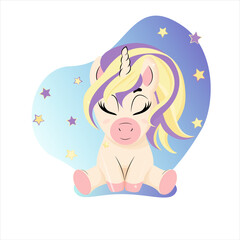 Cartoonl unicorn  isolated on a white background. Unicorn on starry background.