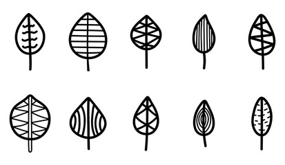 Set of doodle isolated black abstract leaves. Collection of hand drawn fallen leaves. Vector autumn illustration.