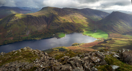 Views of Robinson, Hindscarth, Dale Head and Fleetwith Pike with Gatesgarth and buttermere below from the summit of High Stile in the Lake District, UK.