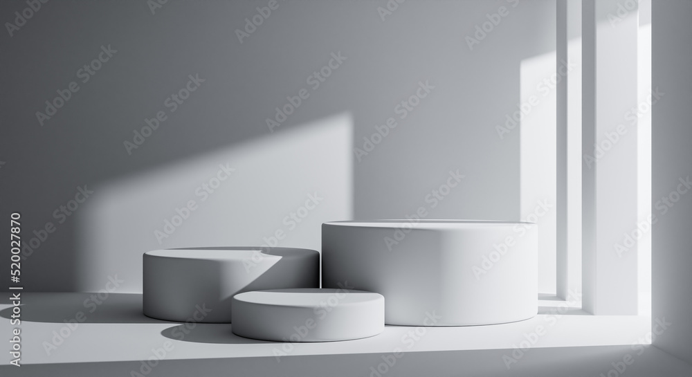 Aufkleber three white round product podiums in minimal style with building background. architecture and interi