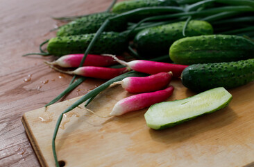 Fresh cucumbers and radishes on the rustic table. Fresh spring vegetables.Healthy eating.
