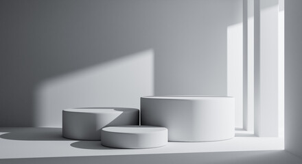 Three white round product podiums in minimal style with building background. Architecture and interior concept. 3D illustration rendering.