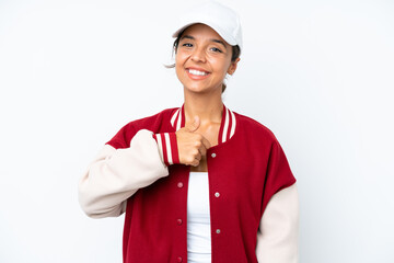 Young hispanic woman wearing a baseball uniform isolated on white background giving a thumbs up gesture