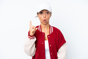 Young hispanic woman wearing a baseball uniform isolated on white background intending to realizes the solution while lifting a finger up