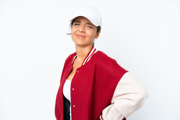 Young hispanic woman wearing a baseball uniform isolated on white background suffering from backache for having made an effort