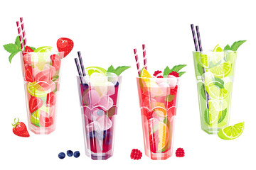 A set of summer refreshing cocktails, classic Mojito with lime, Mojito with strawberries, raspberries, mojito with blueberries.Vector illustration.The concept of drinks.