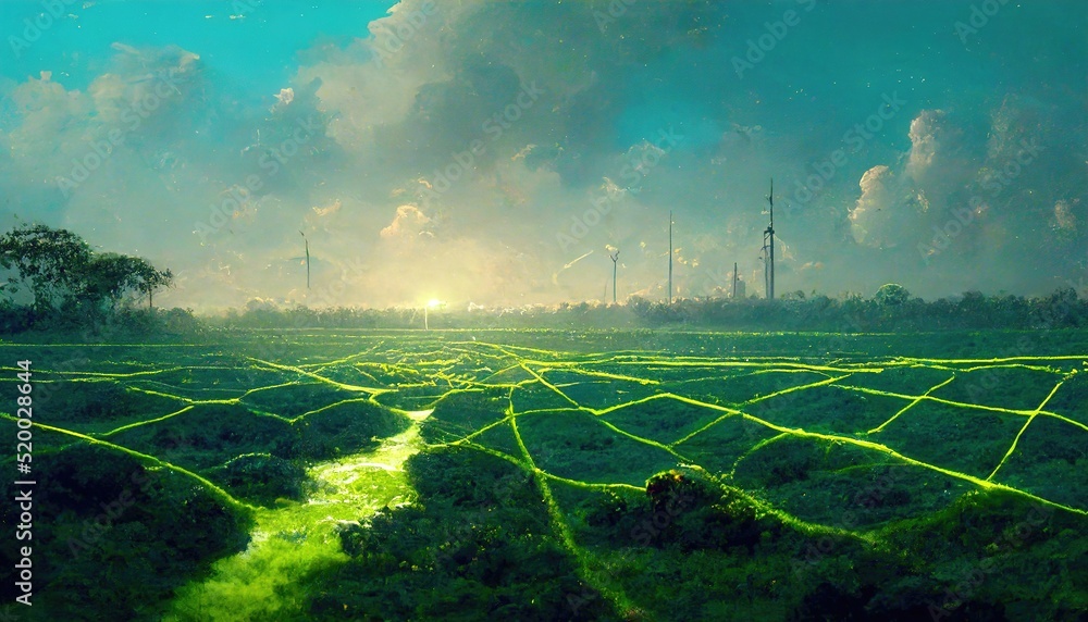 Poster SDGs. Green endless field with a neon web hanging over it. Environmental technology concept. Sustainable development. 3D rendering