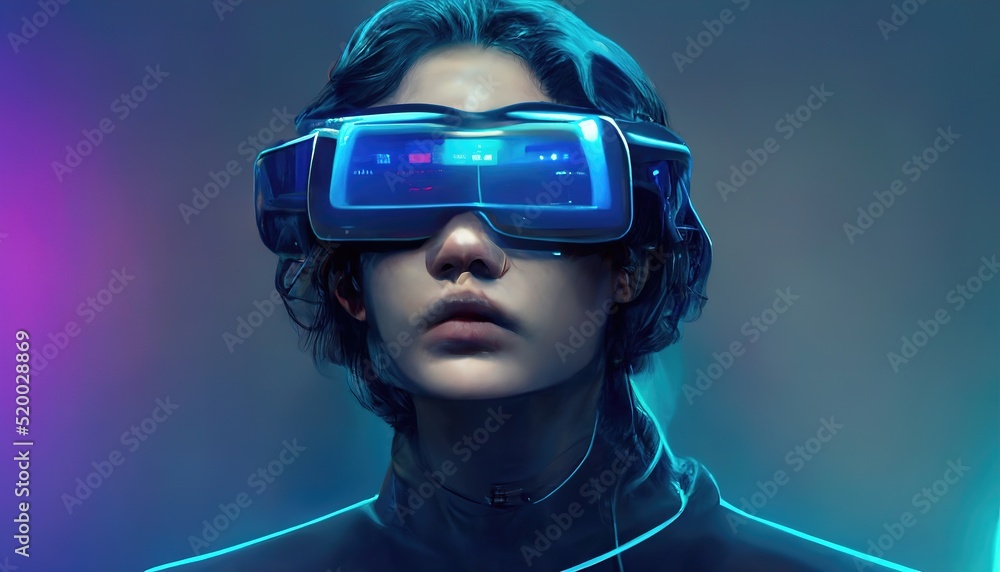 Aufkleber vr and ar technology futuristic concept. man wearing 3d vr headset glasses looks up in cyberspace of