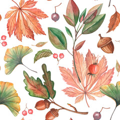 Seamless elegant pattern with watercolor hand-drawn elements - green and orange leaves, berries and acorn branch. Botanical autumn art for seasonal textile and packing.