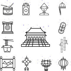 Beijing, China culture, building icon in a collection with other items