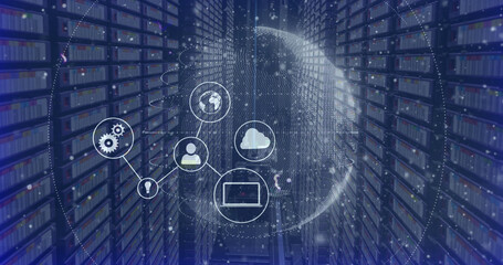 Image of data processing and globe with icons over server room