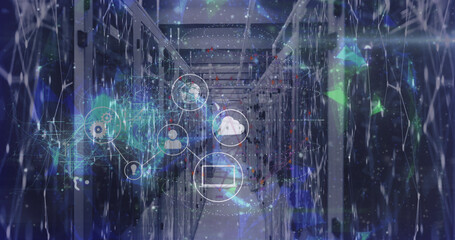 Image of data processing and media icons over server room