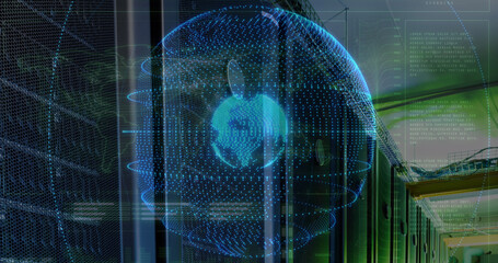 Image of data processing and globe over server room