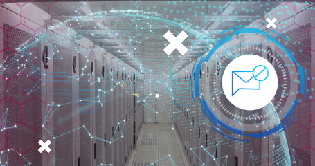Image of data processing with envelope icon over server room