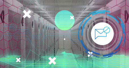 Image of data processing with envelope icon over server room