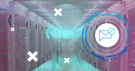 Image of data processing with envelope icon over server room