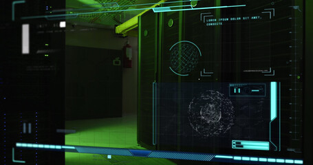 Image of data processing with fingerprint icon over server room