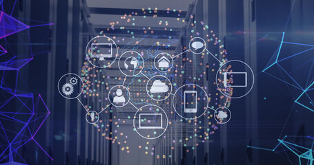 Image of data processing and globe with icons over server room