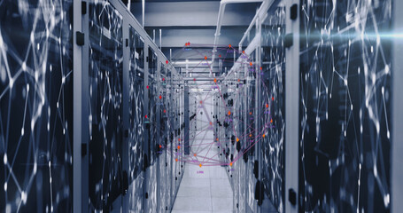 Image of data processing with shapes over server room
