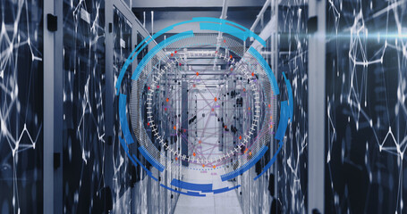 Image of data processing with shapes over server room