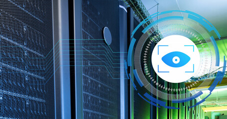 Image of data processing with eye icon over server room