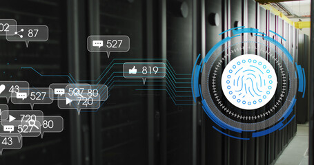 Image of media icons and fingerprint icon over server room
