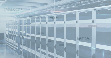 Image of data processing and wall icon over server room