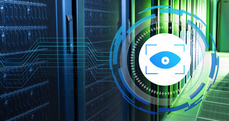 Image of data processing with eye icon over server room
