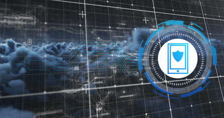 Image of data processing with smartphone icon over clouds