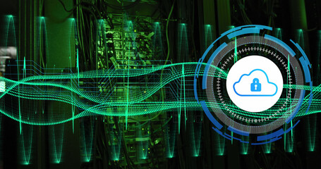 Image of data processing with cloud icon over server room