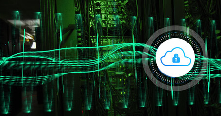 Image of data processing with cloud icon over server room