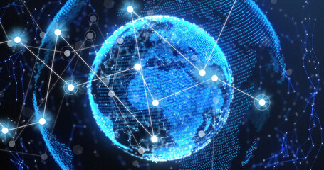 Image of, connections and globe on black background