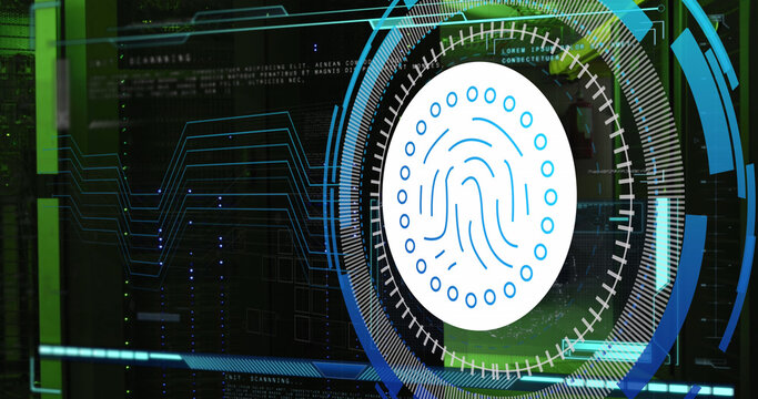 Image of data processing with fingerprint icon over server room