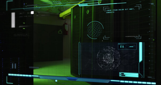 Image of data processing with fingerprint icon over server room