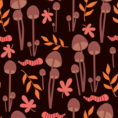 Fototapeta na wymiar cute abstract autumn fall seamless vector pattern background illustration with mushrooms, worms and leaves