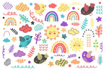 Bright children's set of vector elements in the Scandinavian style on a white background. Rainbows, suns, birds, twigs and other cute doodles for kids, textiles, wrappers, prints, patterns, decor