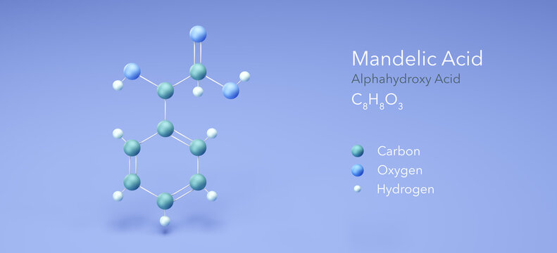 mandelic acid, Alphahydroxy Acid. Molecular structure 3d rendering, Structural Chemical Formula and Atoms with Color Coding, 3d rendering