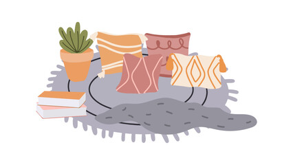 cozy living room setting - single objects rug, pillows, books, deck, plant