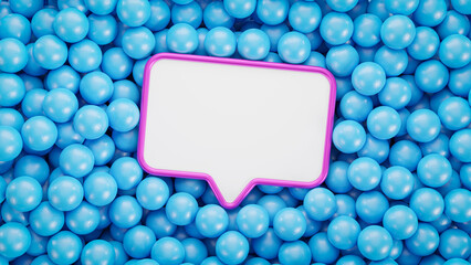 Pink banner over blue balls background. Colorful trendy wallpaper. Abstract mockup for promotion and designs. Glossy materials. Glossy gumballs background with lightbox in center. 3D artwork