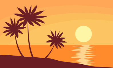 Beautiful orange sunset on the beach. Tropical palm. Sea and ocean. Paradise lagoon. Wild exotic landscape for background. Vacation and travel. Paradise lagoon. Vector illustration panorama