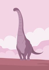 Big sauropod with a long neck and tail. Lizard in the mountain desert. Herbivorous dinosaur alamosaurus of the Jurassic period. Prehistoric pangolin. Vector cartoon illustration © Mikhail