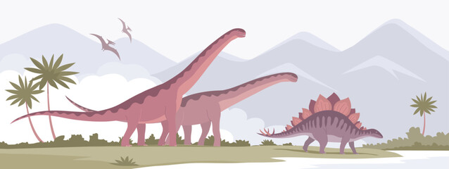 Big sauropod with a long neck and stegosaurus. Herbivorous dinosaur of the Jurassic period. Prehistoric pangolin. Science paleontology. Wild landscape. Vector cartoon illustration © Mikhail
