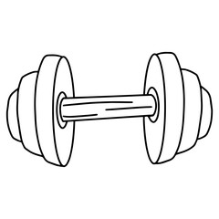 Black and white outline illustration of a dumbbell on a white background. Vector illustration of a sports equipment.