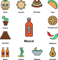 Mezcal, bottle icon in a collection with other items